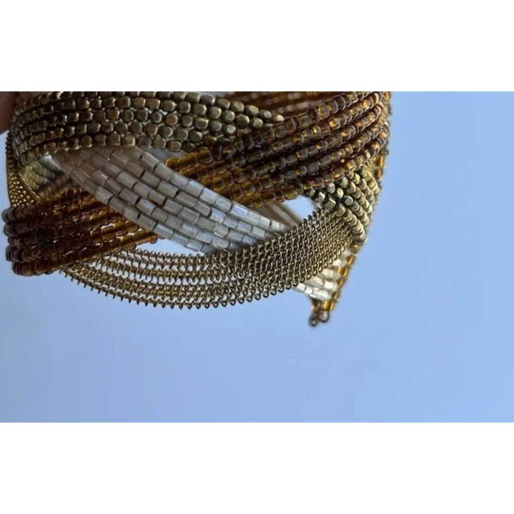 Vintage Glass Seed Bead Pieces Cuff Bracelet Brown Gold Y2K Women’s Sz 7.5”